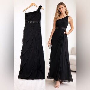 Adrianna Papell One Shoulder Black Gown Chiffon Maxi Dress 2 Formal Elegant